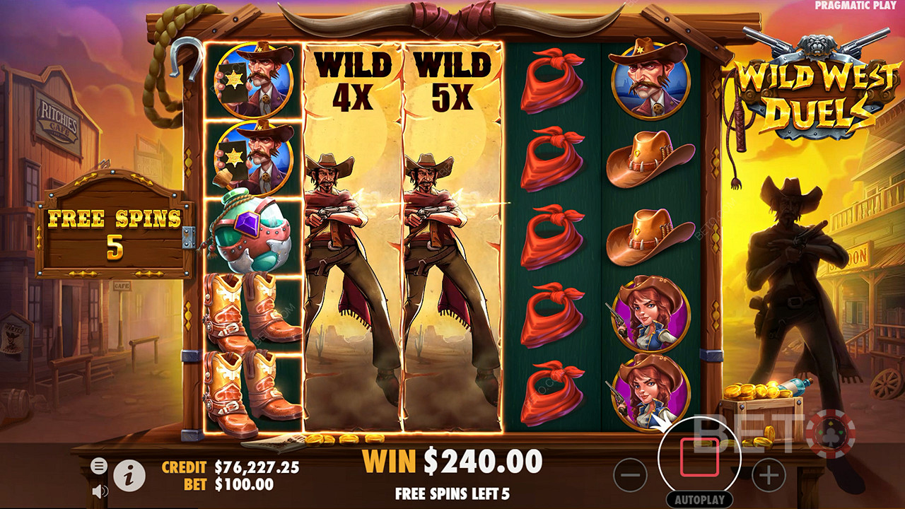 Des jokers en expansion avec multiplicateurs apparaissent lors des parties gratuites en duel de la machine à sous Wild West.