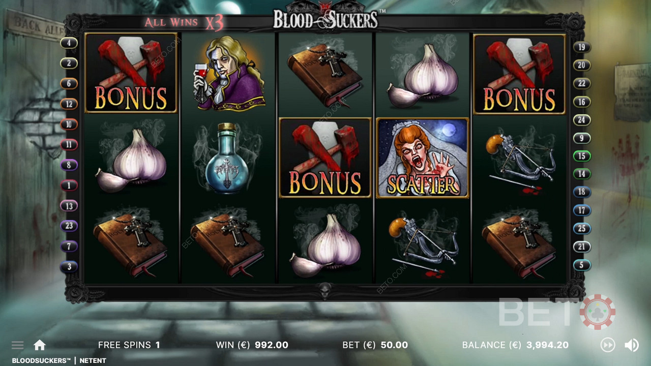 3 symboles bonus placés au bon endroit déclenchent le jeu bonus de la machine à sous Blood Suckers.