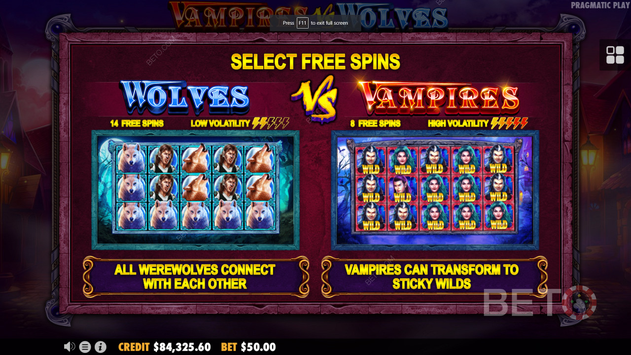 Deux tours de bonus gratuits dans Vampires contre loups.