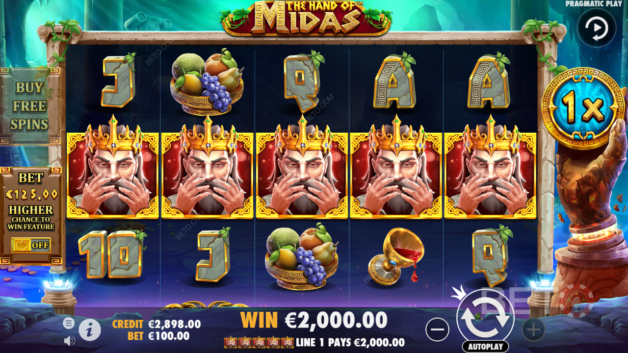 5 symboles King Midas rapportent gros à la machine à sous vidéo Hand of Midas.