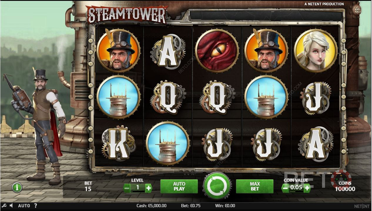 Gameplay de la machine à sous en ligne Steam Tower