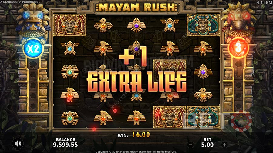 Les fonctions bonus de Mayan Rush comprennent des tours gratuits, un multiplicateur et une fonction de pari.