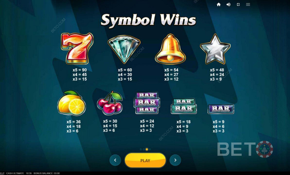 Différentes combinaisons de symboles dans Cash Ultimate