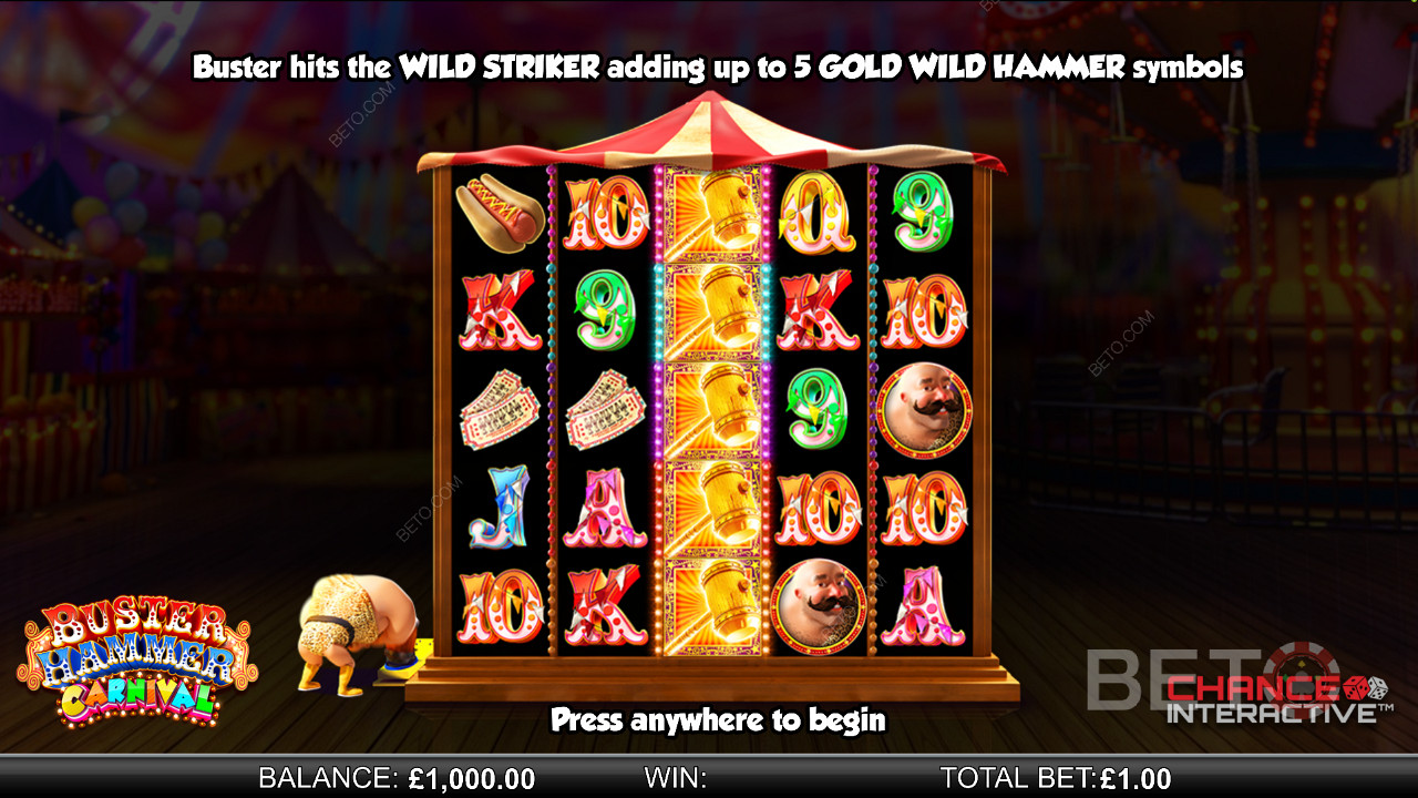 Profitez de la fonction Wild Striker dans la machine à sous en ligne Buster Hammer Carnival.