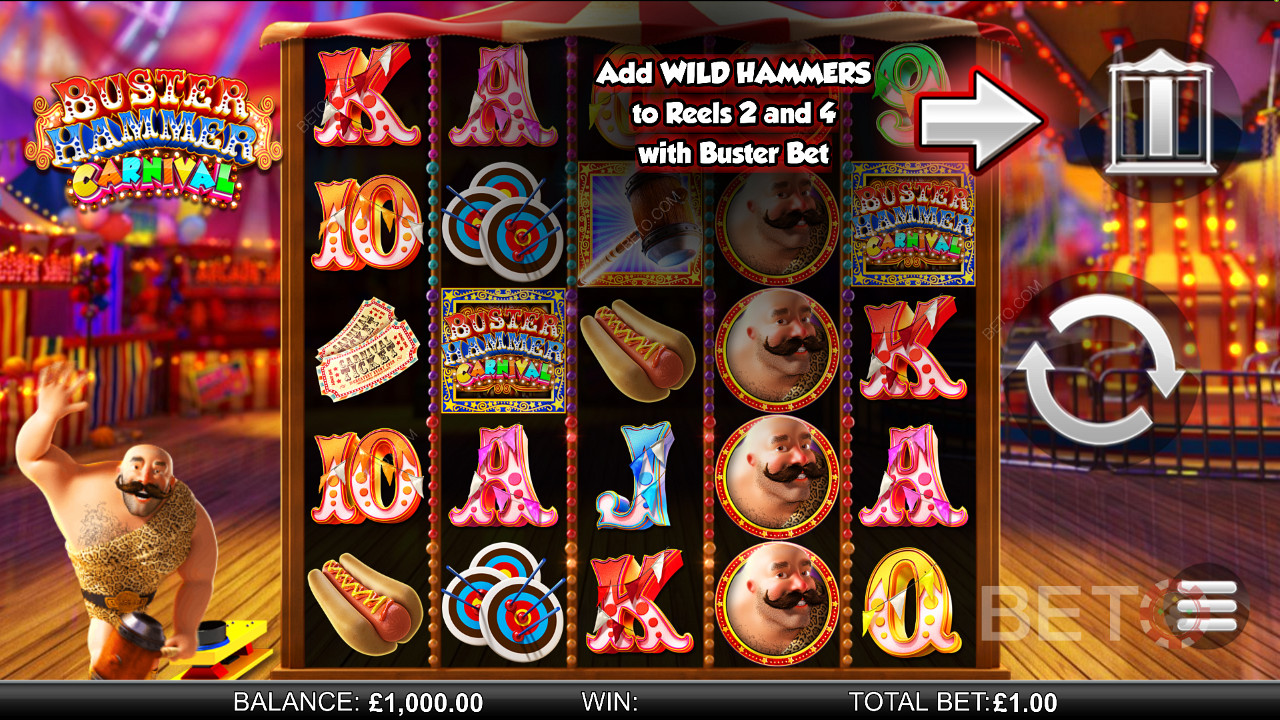 Buster Hammer Carnival - découvrez les superbes tours gratuits et la fonction Gold Wild Hammer - une machine à sous de Reel Play