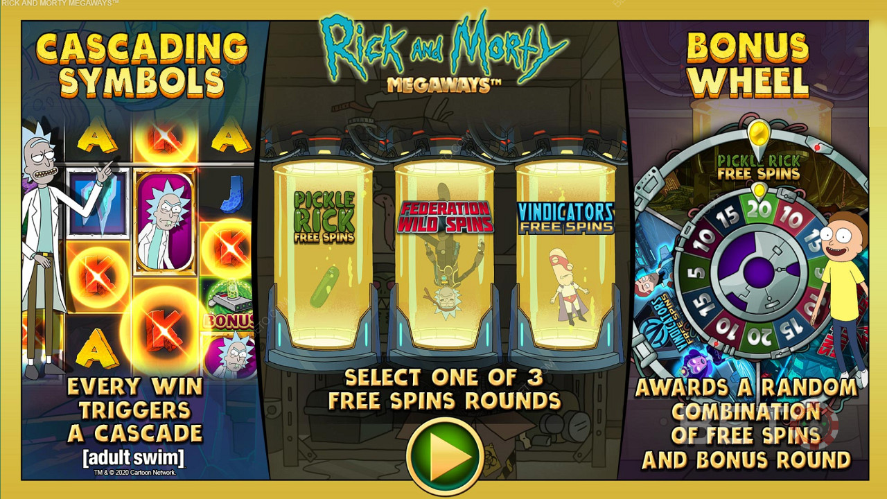 Profitez de trois types de tours gratuits différents dans la machine à sous Rick and Morty Megaways.