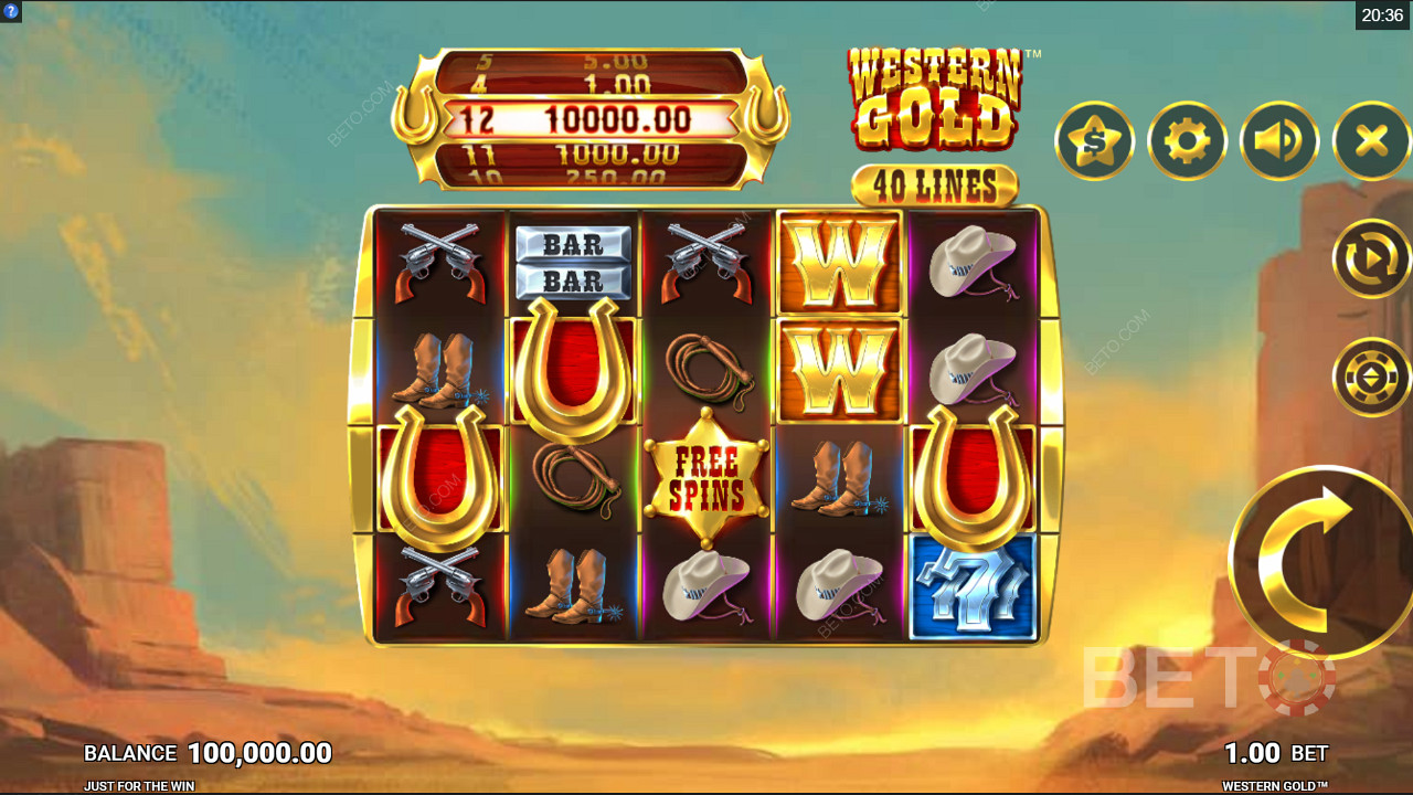 Western Gold, une machine à sous sur le thème du cow-boy, par Just For The Win.