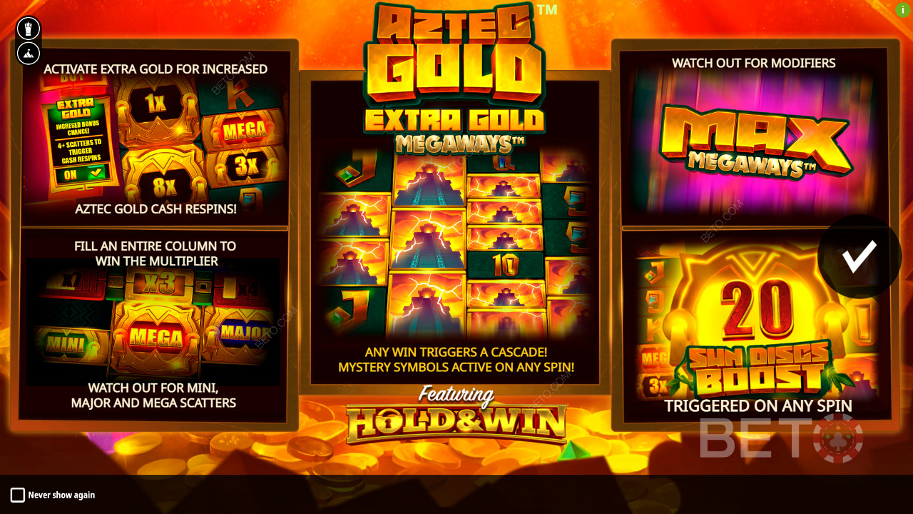 Profitez de plusieurs fonctions de bonus dans la machine à sous Aztec Gold Extra Gold Megaways.