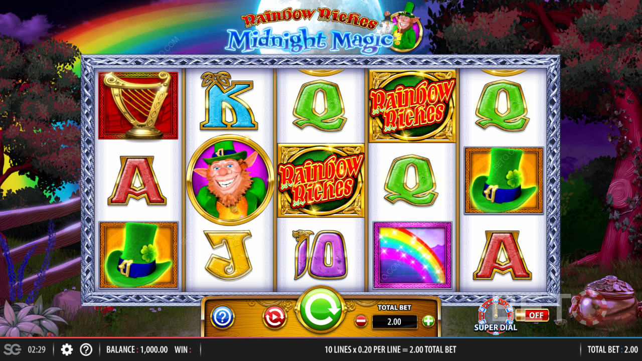 Grille de jeu 5x3 dans Rainbow Riches Midnight Magic