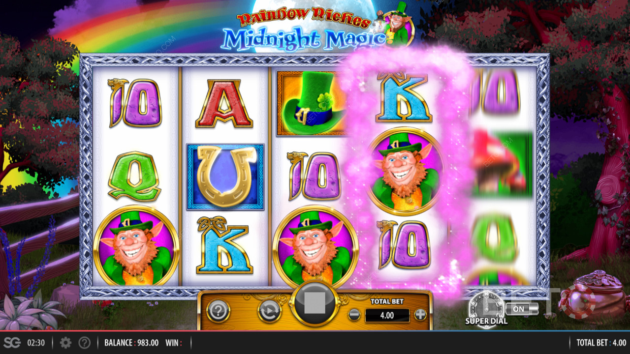 Rainbow Riches Midnight Magic de Barcrest dont les caractéristiques incluent un bonus Super Dial.