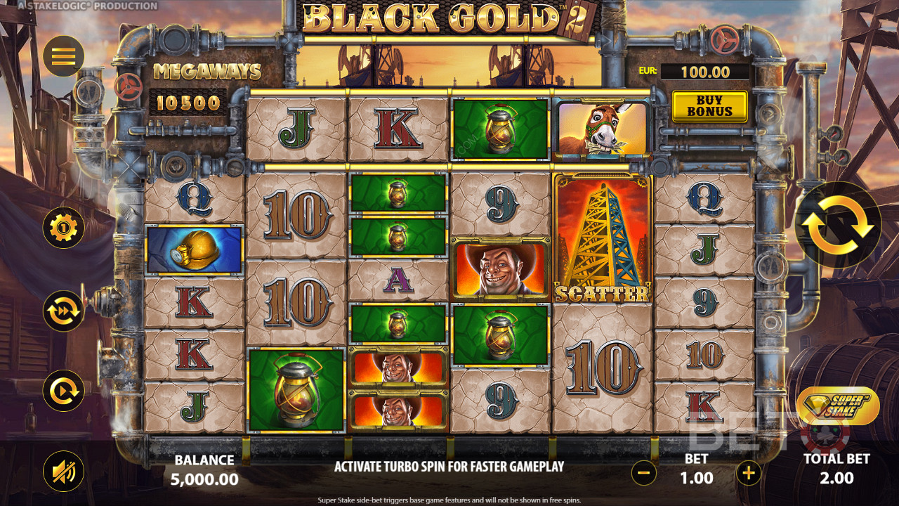 Obtenez 3 symboles identiques ou plus pour gagner à la machine à sous en ligne Black Gold 2 Megaways.