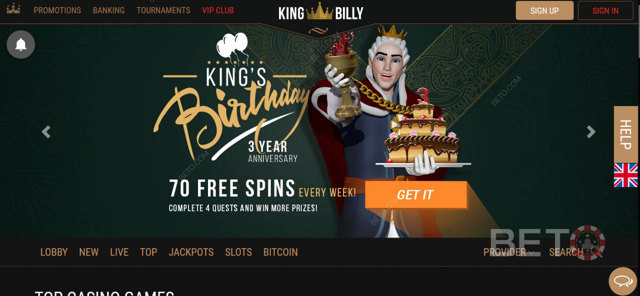 Obtenez des bonus spéciaux et des tours gratuits au King Billy Casino.