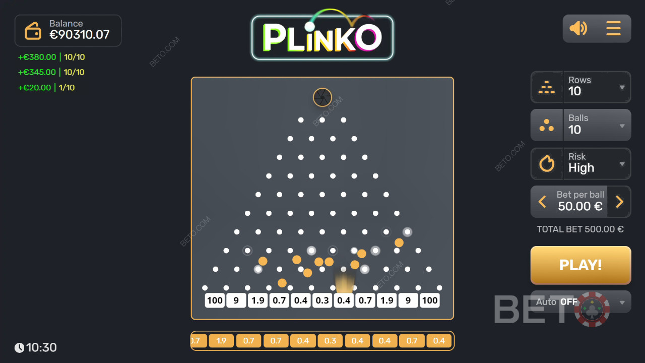 Gagnez 3 200x votre mise à la machine à sous Plinko!