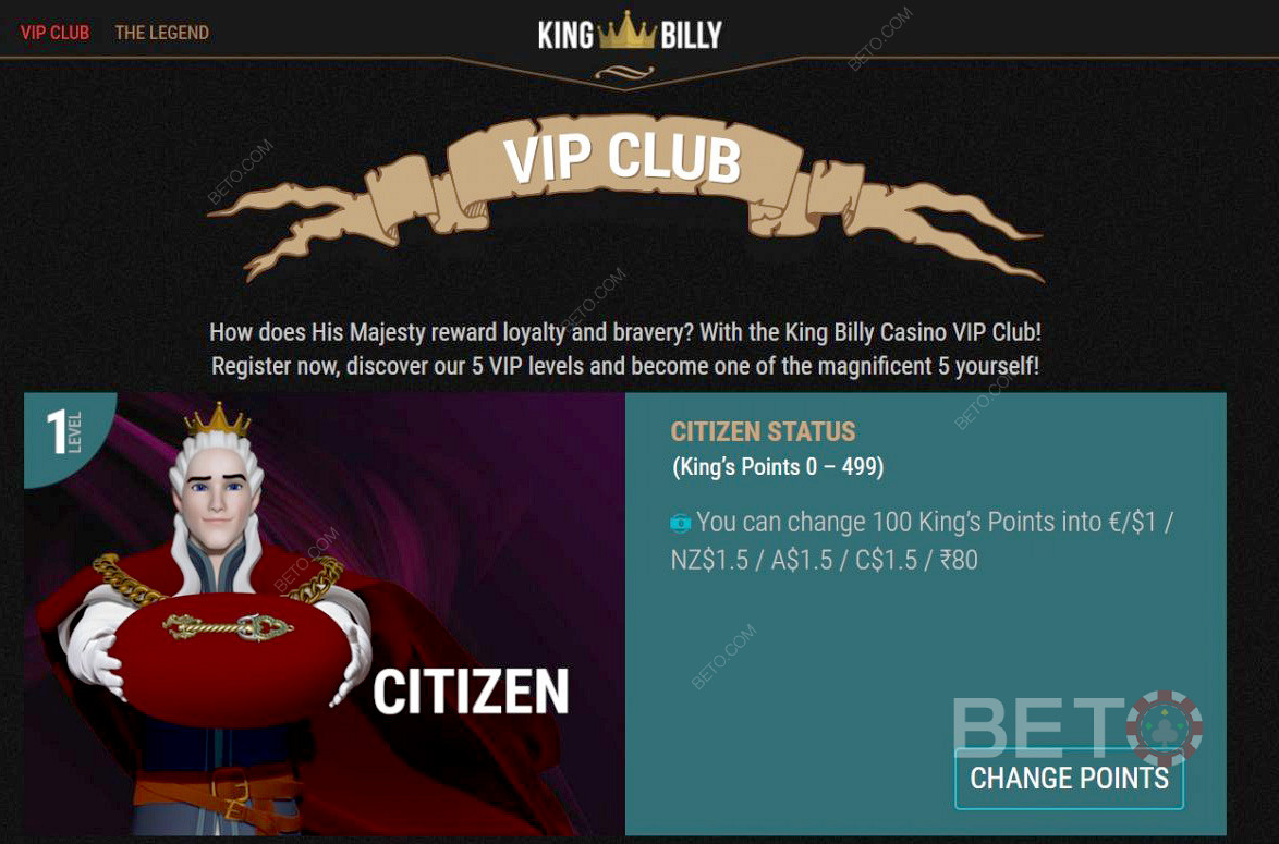 Commencez au niveau citoyen du club VIP de King Billy.