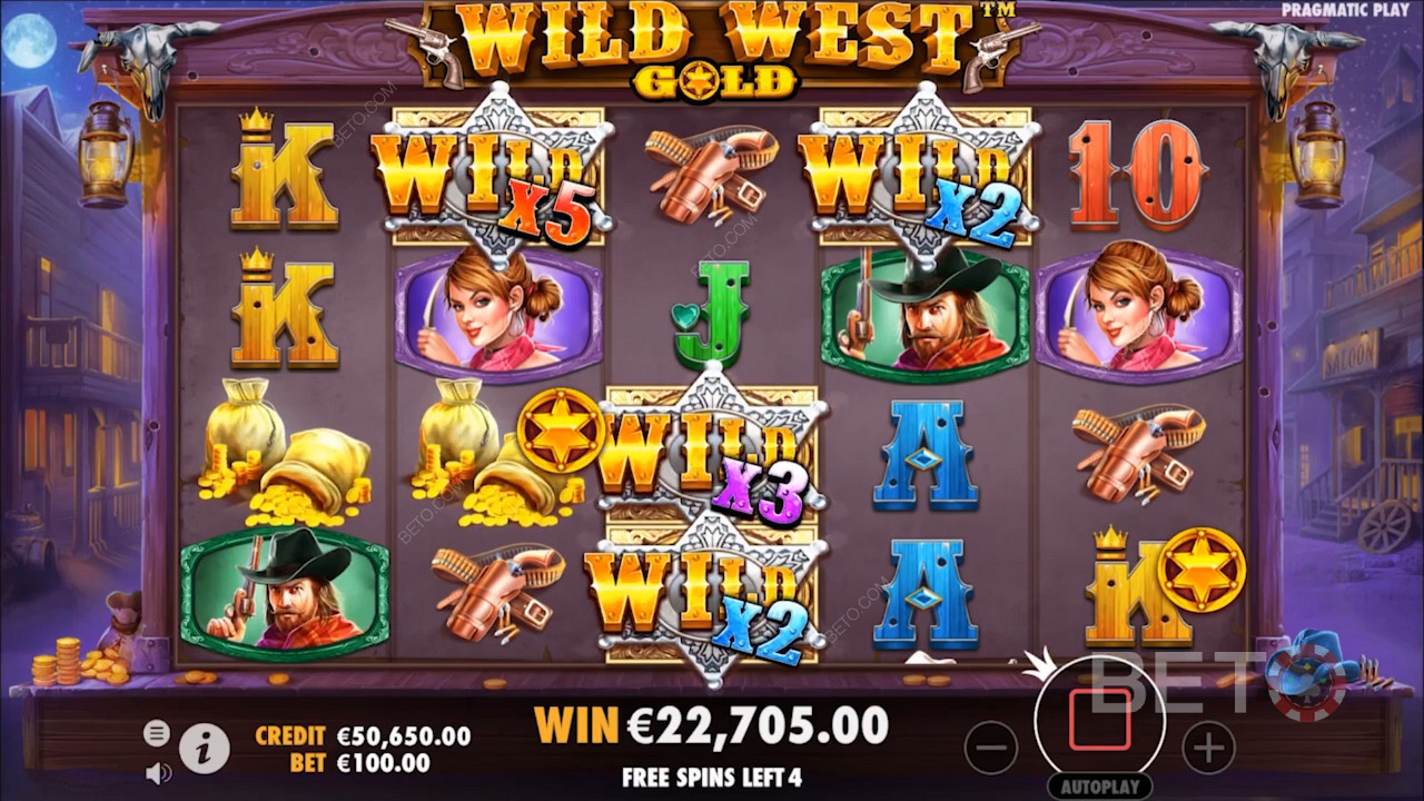 Les symboles Wild de la machine à sous Wild West Gold sont assortis de multiplicateurs.
