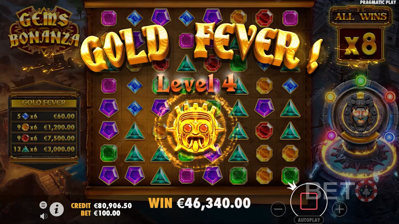 Rassemblez au moins 114 symboles gagnants pour débloquer le bonus progressif Gold Fever.