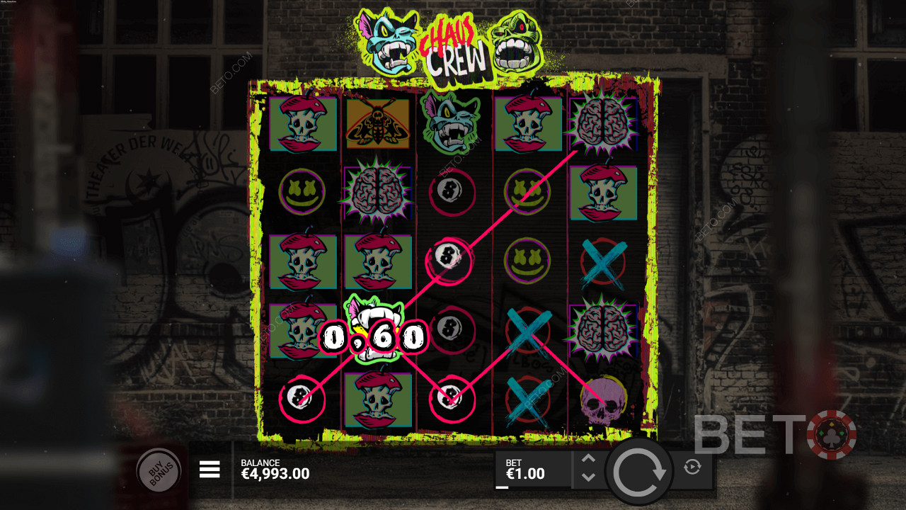 Obtenez entre 3 et 5 symboles identiques pour gagner à la machine à sous Chaos Crew.