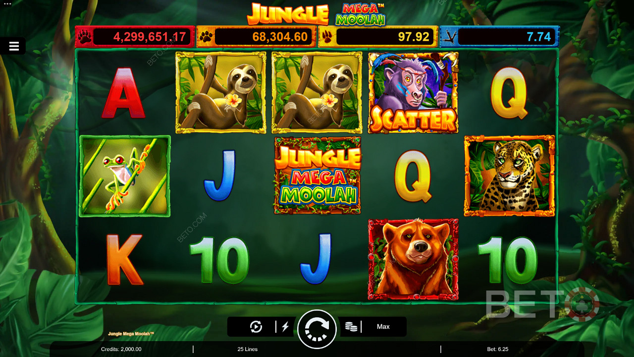 Profitez des jokers multiplicateurs, des tours gratuits et des quatre jackpots progressifs de la machine à sous Jungle Mega Moolah.