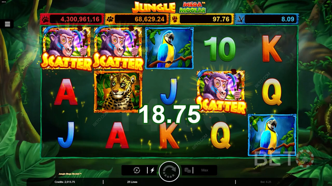 Obtenez 3 Scatter Singe pour déclencher des tours gratuits dans le jeu de machines à sous en ligne Jungle Mega Moolah.