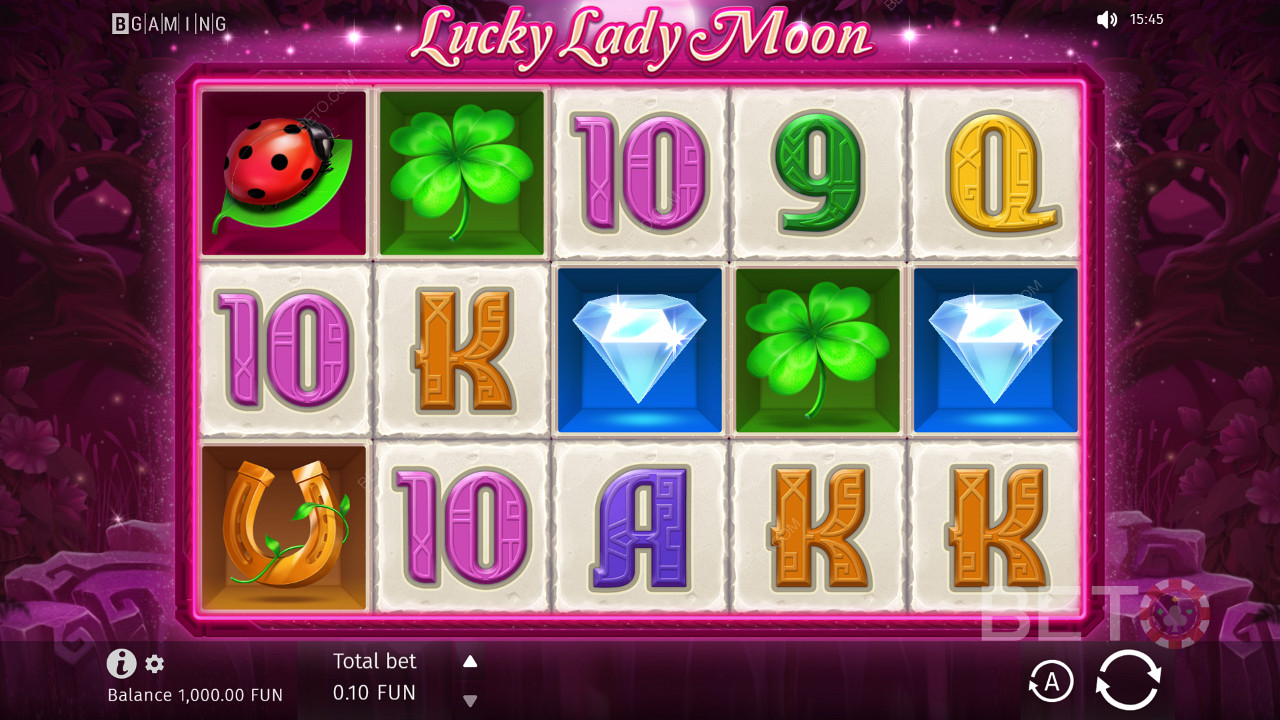 Basée sur un thème fantastique, la machine à sous Lucky Lady Moon utilise 10 lignes de paiement fixes sur une grille de 5x3.