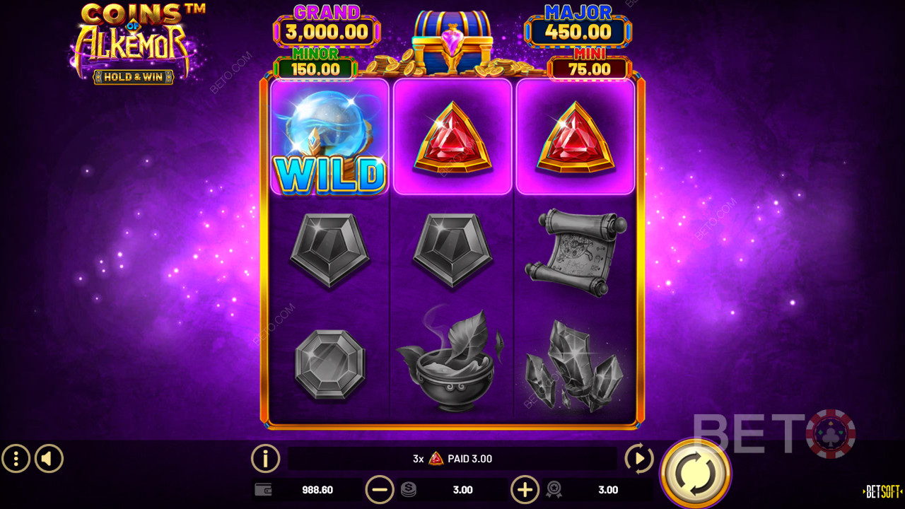 Les fonctions bonus expliquées dans Coins of Alkemor - Hold & Win par Betsoft