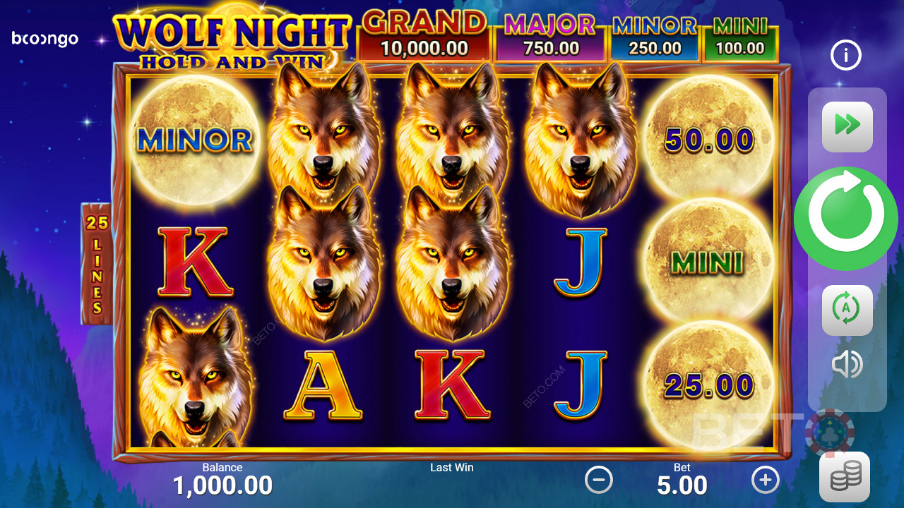 Machine à sous Wolf Night avec tour de bonus, jackpots et tours gratuits, développée par Booongo.