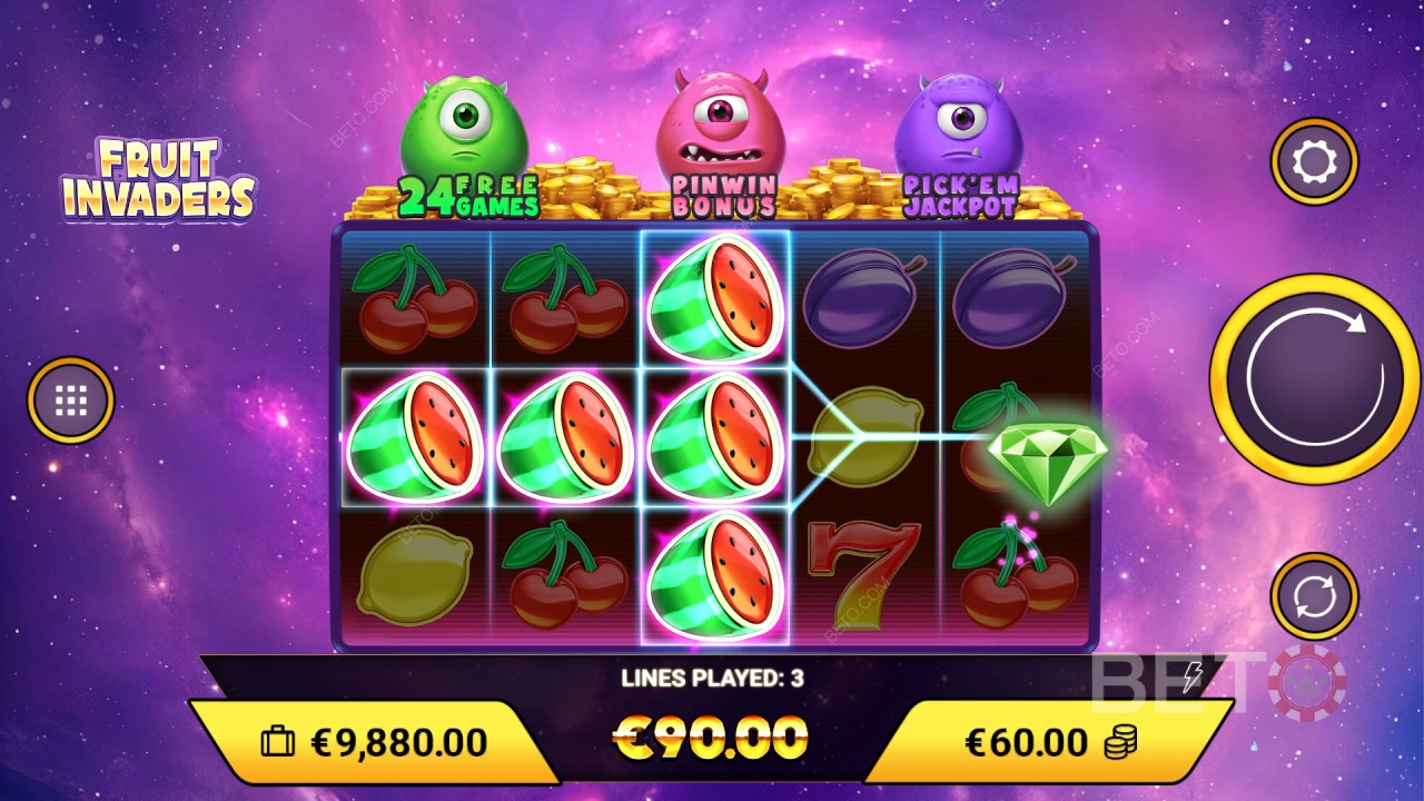 Gagnez 1 200x votre mise dans la machine à sous Fruit Invaders en ligne!