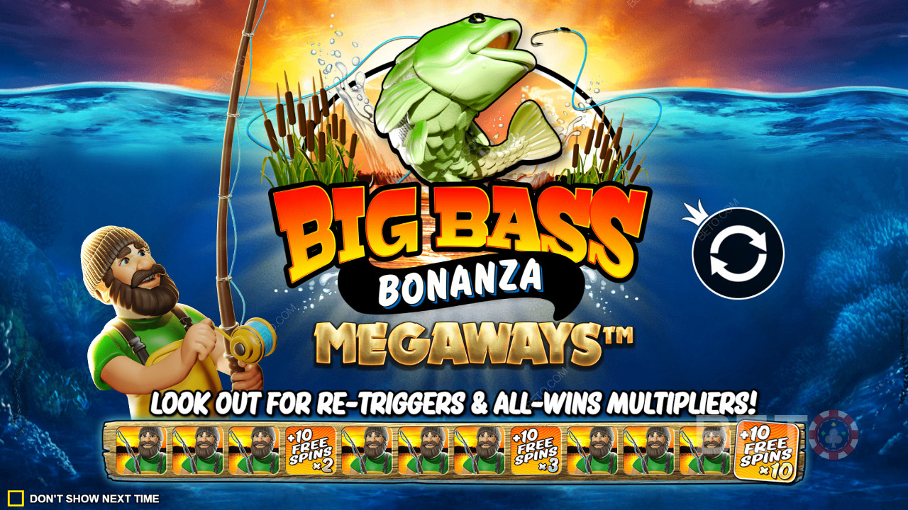 Profitez du redémarrage des tours gratuits avec les multiplicateurs de gains dans la machine à sous Big Bass Bonanza Megaways.