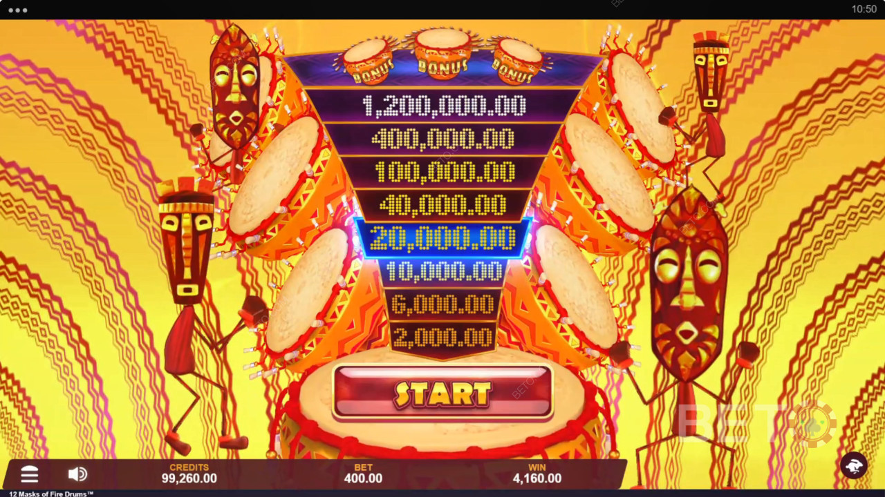 Gagnez 3 125x votre mise dans la machine à sous 12 Masks of Fire Drums!