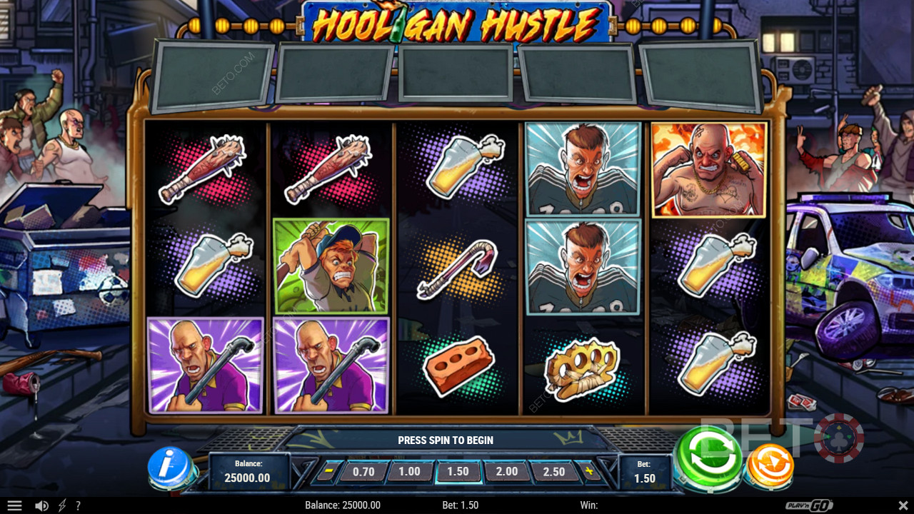 Profitez de plusieurs fonctions puissantes comme les tours gratuits de la machine à sous Hooligan Hustle.