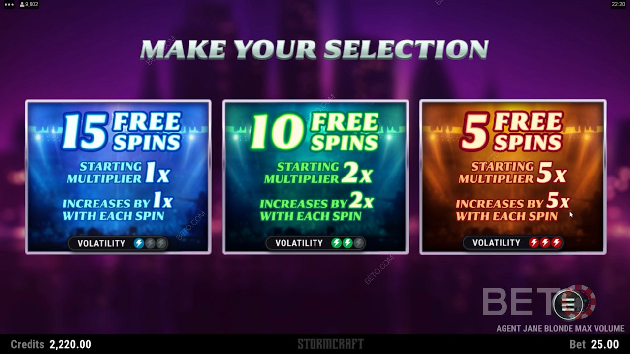 Activez le jeu bonus et choisissez entre 3 tours gratuits et des bonus multiplicateurs.
