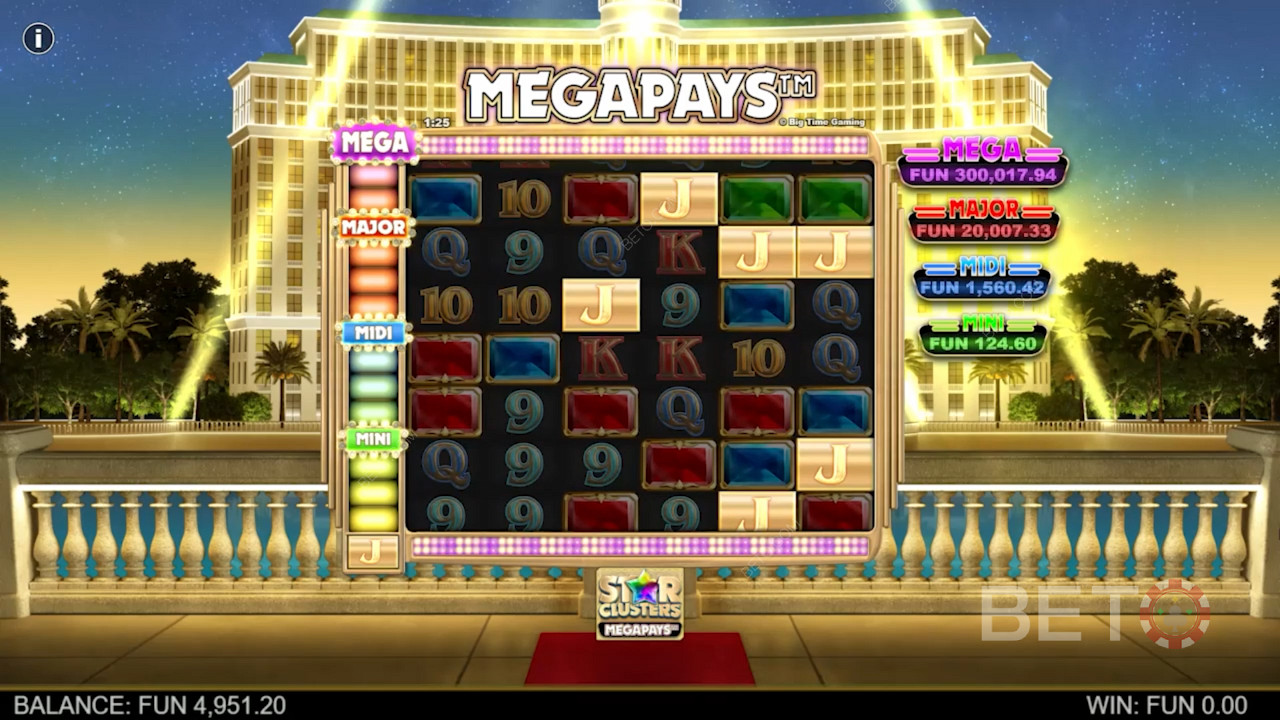 Obtenez au moins 4 occurrences du symbole Megapays pour gagner dans la machine à sous Star Clusters Megapays.