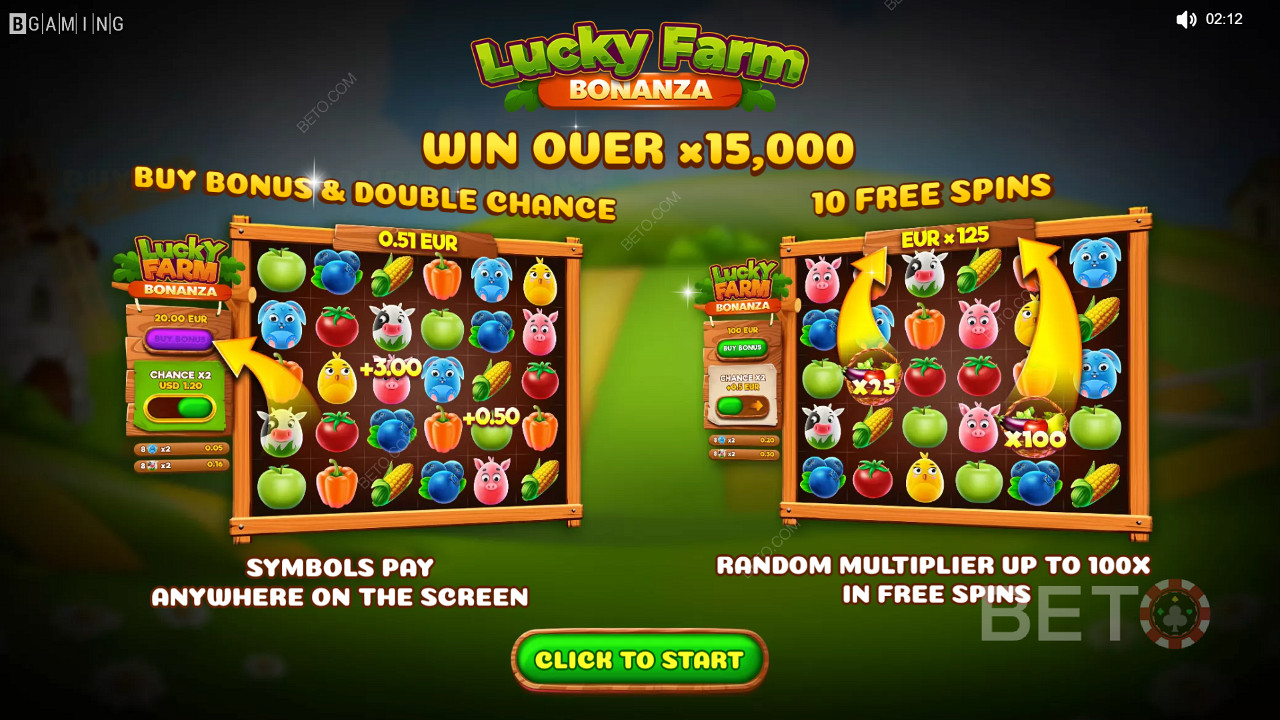 Profitez des multiplicateurs, de la double chance et des tours gratuits dans le jeu de casino Lucky Farm Bonanza.