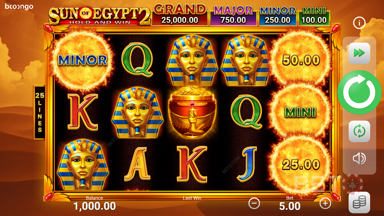 Six symboles bonus ou plus déclenchent le jeu bonus de la machine à sous Sun of Egypt 2.