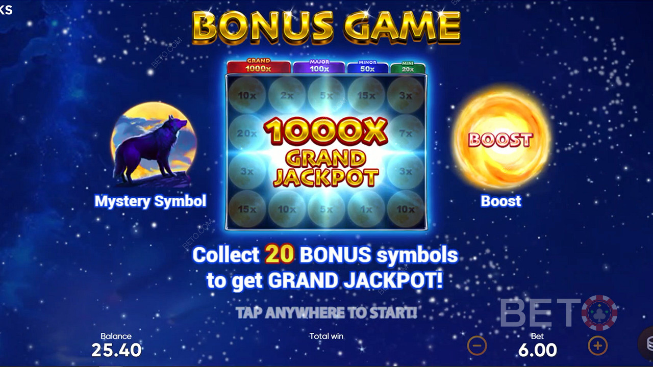 Collectez 20 symboles Bonus dans le jeu bonus pour débloquer le Grand Jackpot.