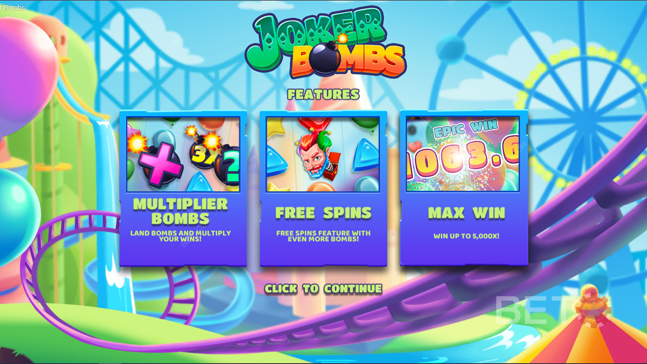 Profitez des bombes à multiplicateur, des tours gratuits et bien plus encore dans la machine à sous Joker Bombs.