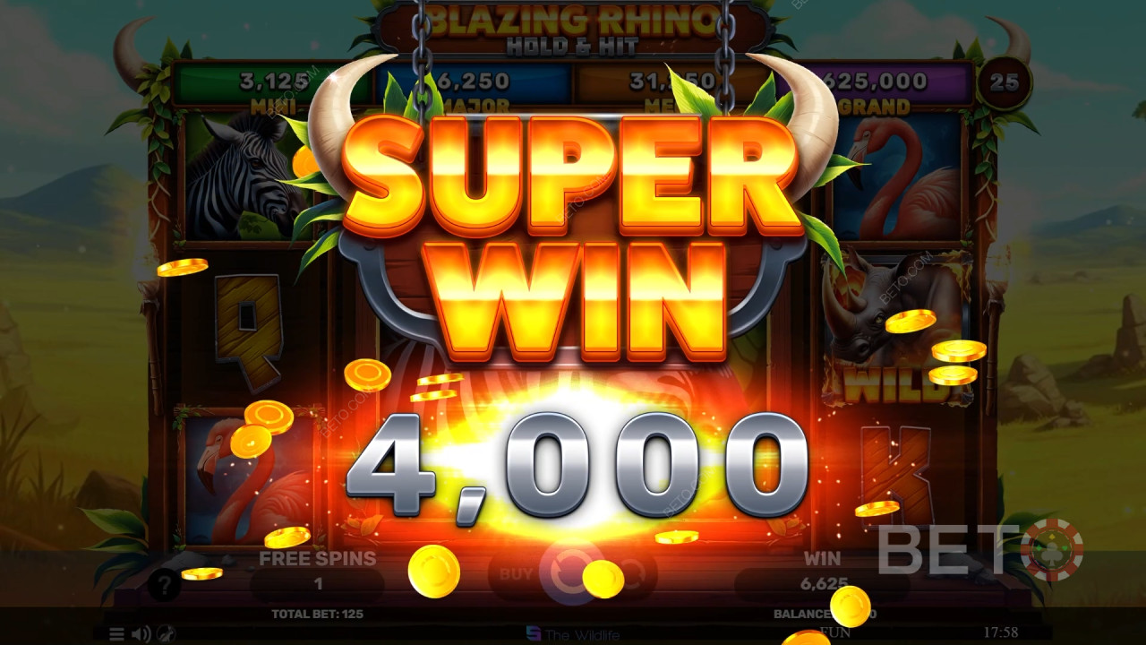Les bonus expliqués dans Blazing Rhino Hold & Hit par Spinomenal