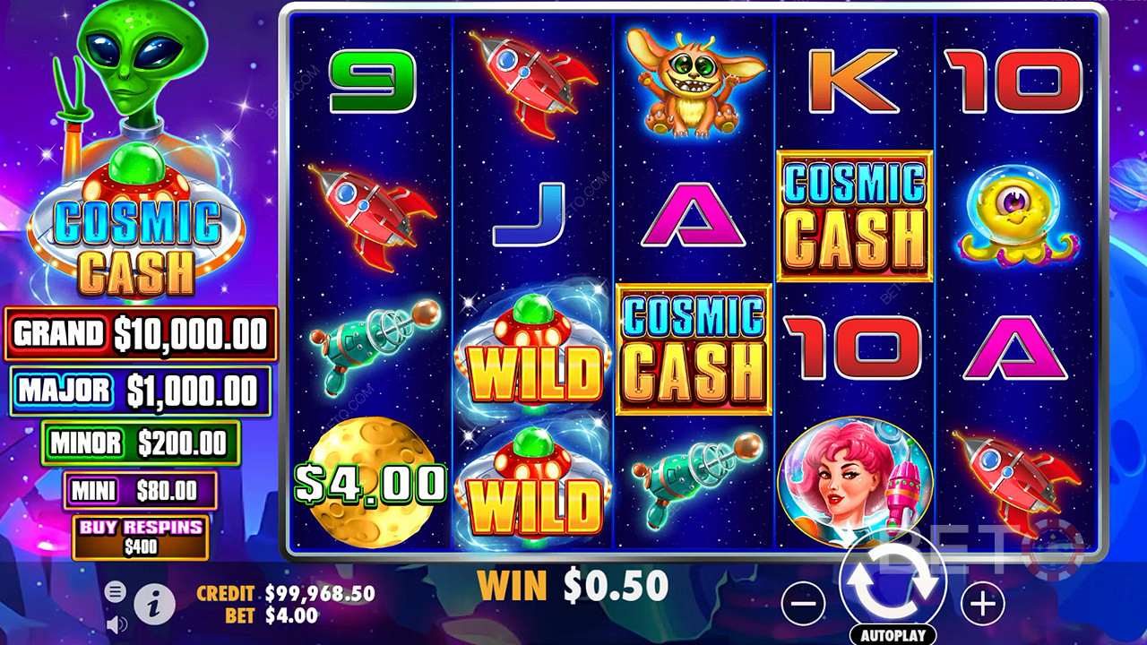Il y a de nombreux symboles Wild dans le jeu de base de la machine à sous Cosmic Cash.