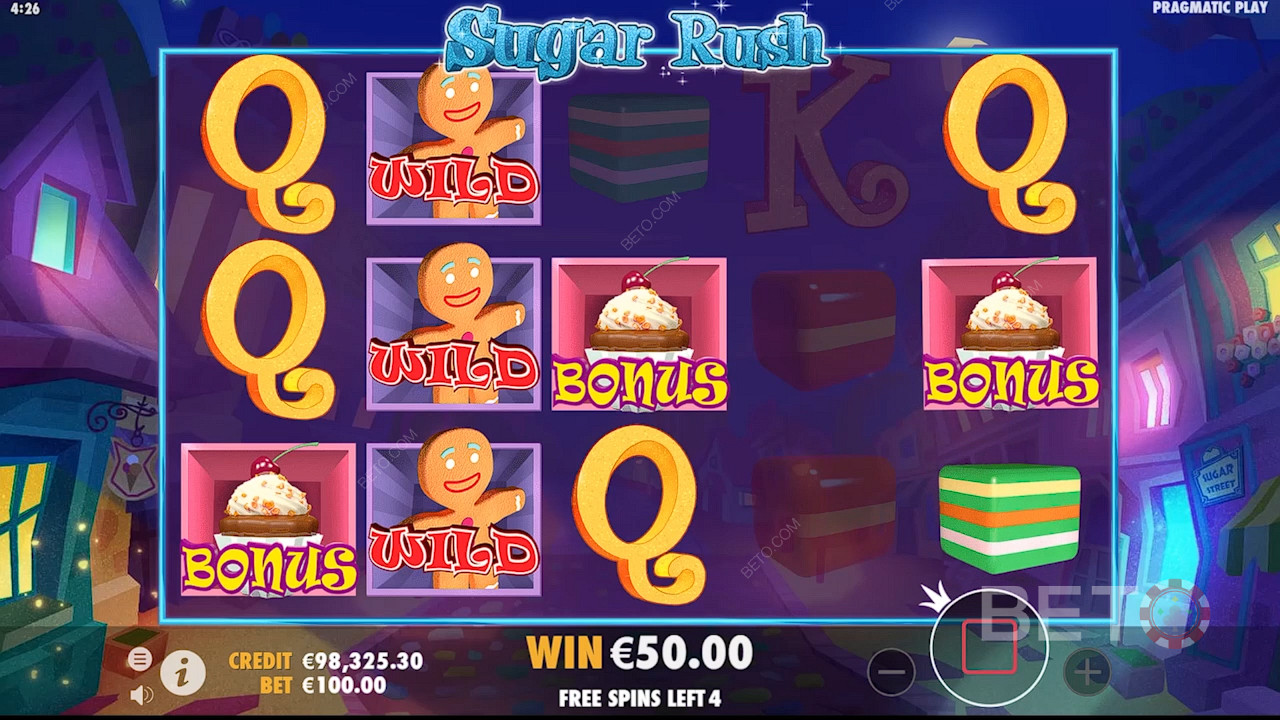 Jouez à Sugar Rush et obtenez 3 symboles Cupcake ou plus pour déclencher le jeu bonus.