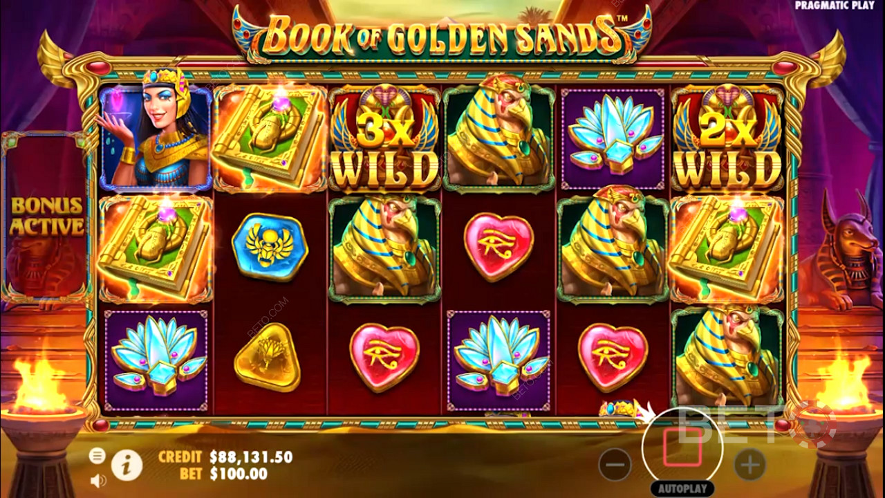 Les jokers multiplicateurs apparaissent dans la machine à sous en ligne Book of Golden Sands.