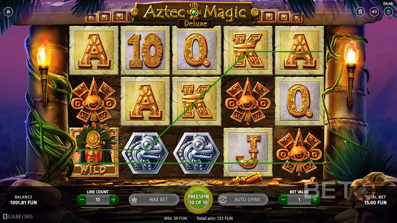 Le guerrier aztèque Wild permet de créer des gains dans le jeu de casino Aztec Magic Deluxe.