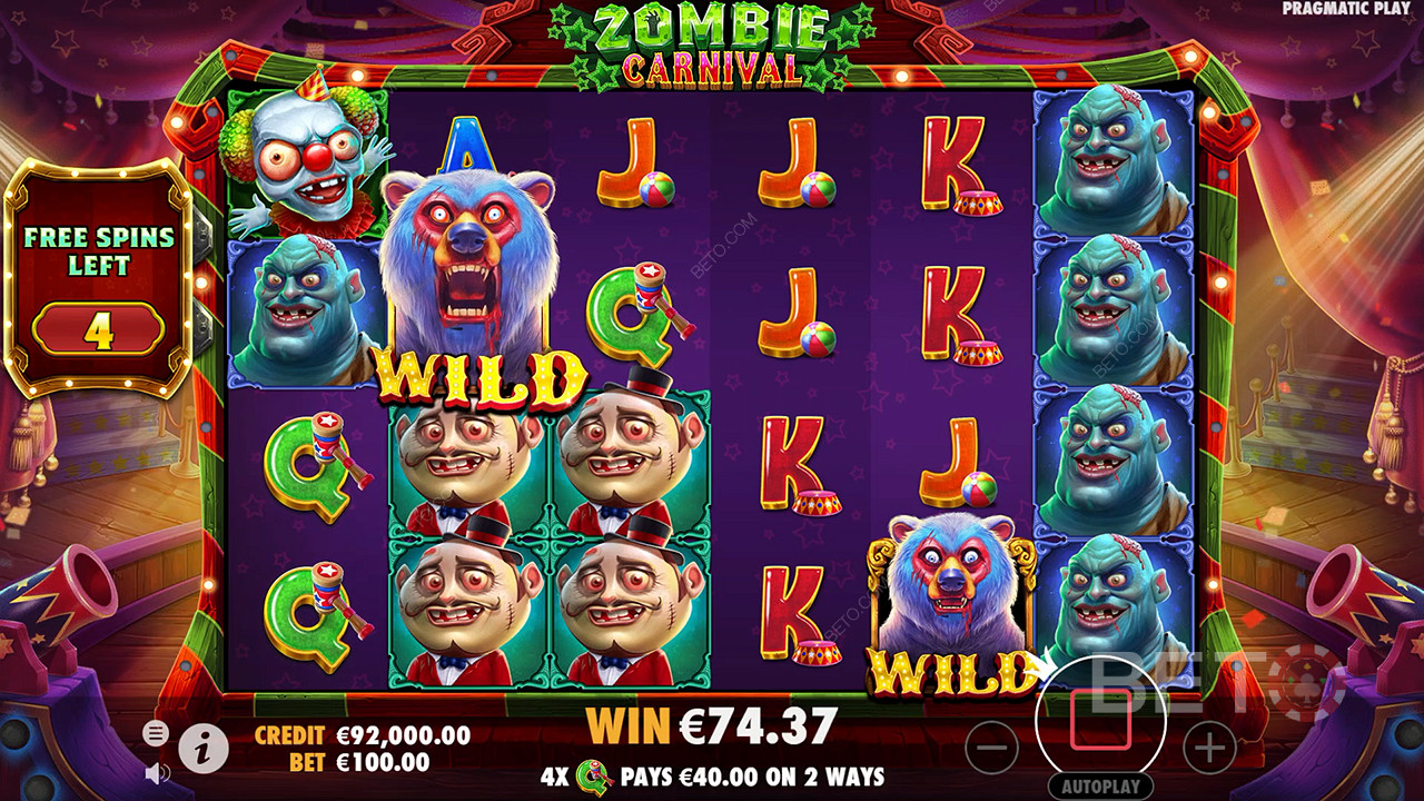 Profitez des jokers collants lors des tours gratuits de la machine à sous en ligne Zombie Carnival.