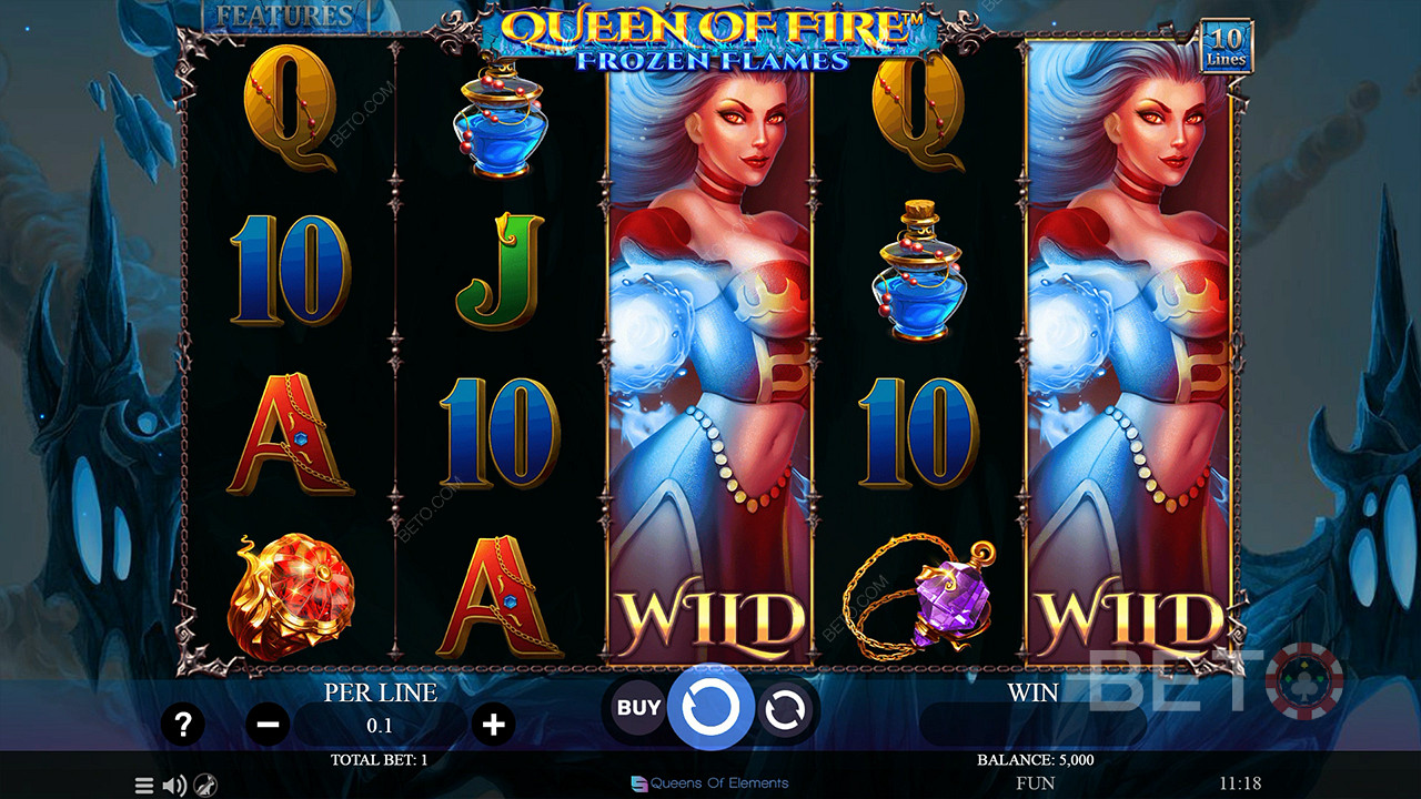 Profitez des jokers en expansion dans le jeu de base de la machine à sous Queen of Fire - Frozen Flames.