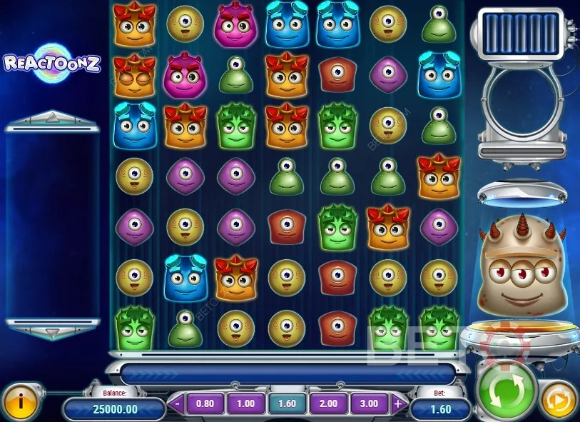 Un exemple de gameplay de la machine à sous en ligne Reactoonz